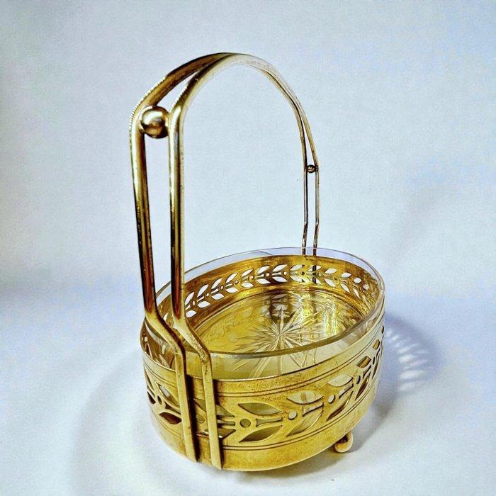 Mand - Messing, Glas - serveerschaal met glas, Antiek en Kunst, Curiosa en Brocante