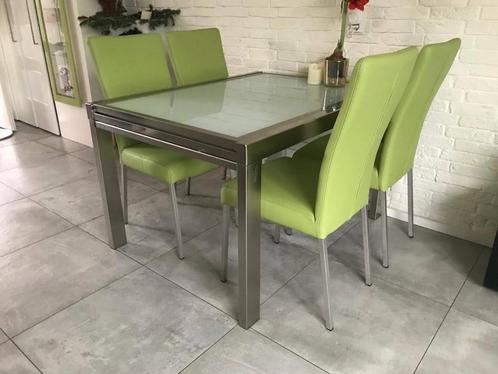 Set van 4 leren eetkamerstoelen - felgroen leer - Echt leer,, Huis en Inrichting, Stoelen, Overige kleuren, Nieuw, Leer, Ophalen of Verzenden