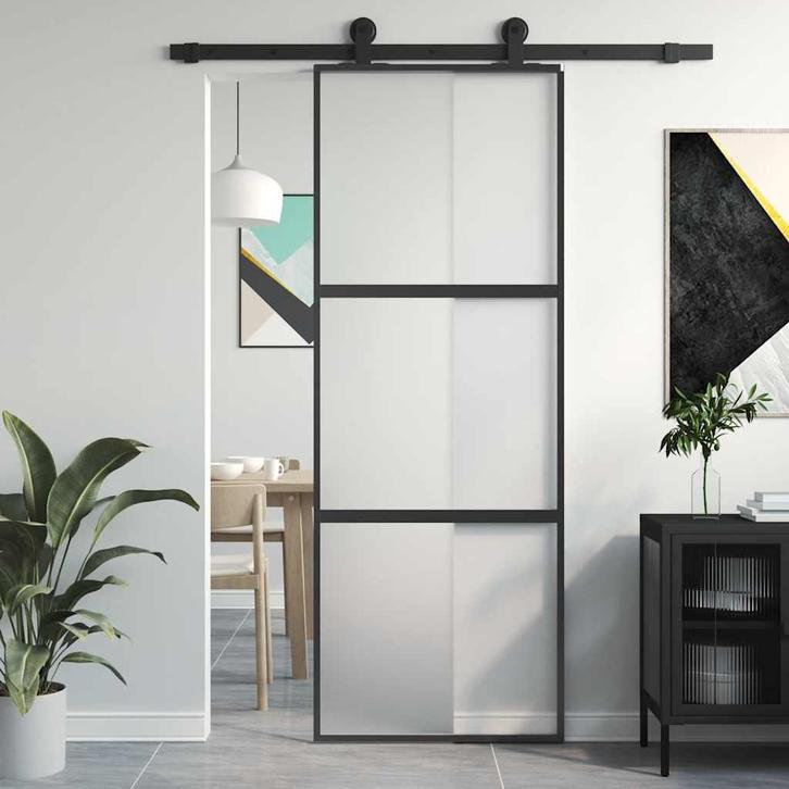 vidaXL Schuifdeur 76x205 cm gehard glas en aluminium zwart, Doe-het-zelf en Bouw, Deuren en Vliegenramen, Nieuw, Verzenden