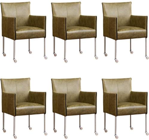 Set van 6 Olijfgroene leren moderne kuipstoel - poot rond, Huis en Inrichting, Stoelen, Overige kleuren, Vijf, Zes of meer stoelen