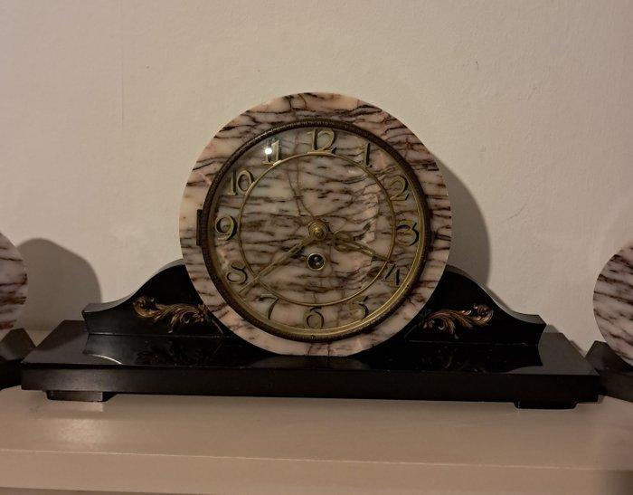 Klok en garnituur set (3) - Marmer, Messing - 1940-1950, Antiek en Kunst, Antiek | Klokken