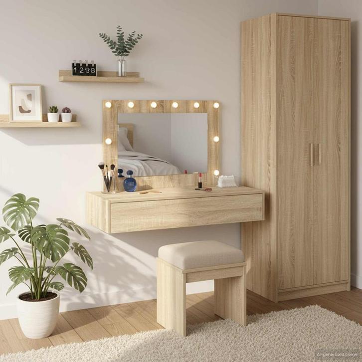 vidaXL Kaptafel met spiegellichten Bruin 100 x 40 x 70 cm, Maison & Meubles, Tables | Coiffeuses, Envoi