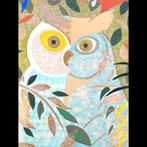 Owl and fruit  - 1990 - 12/85 - woodblock print JAPAN