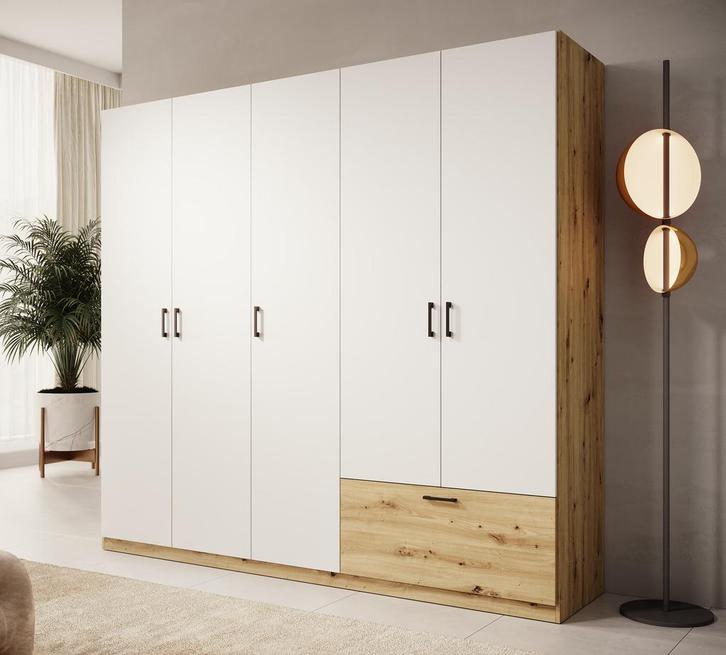 Meubella | Kledingkast 225cm wit eiken Garderobekast 1 lade, Huis en Inrichting, Kasten | Overige, Nieuw, Verzenden