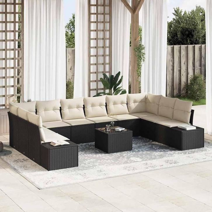 vidaXL Tuinbank Set met kussen 11 pcs Zwart en crème 344 x, Tuin en Terras, Tuinsets en Loungesets, Nieuw, Verzenden