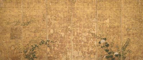 Byôbu  (paravent) - Bois laqué, Soie, Papier, Feuille dor, Antiek en Kunst, Antiek | Overige Antiek