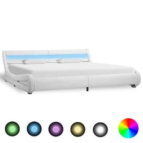 vidaXL Cadre de lit avec LED Blanc Similicuir 180 x 200, Maison & Meubles, Chambre à coucher | Lits, Neuf, Envoi