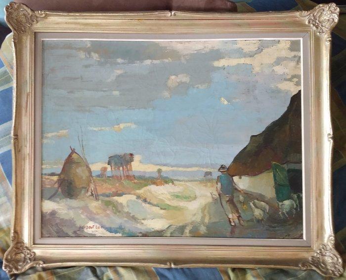Luc Heirbaut (1919-2014) - Boer en schapen met hooimijt in, Antiek en Kunst, Kunst | Schilderijen | Klassiek