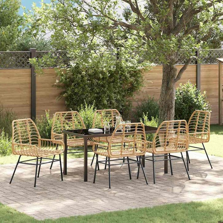 vidaXL Tuin Eettafel Set 7 pcs Bruin poly rattan, Tuin en Terras, Tuinsets en Loungesets, Nieuw, Verzenden