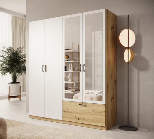 Meubella | Kledingkast 180cm wit eiken met spiegel 1 lade, Huis en Inrichting, Kasten | Overige, Nieuw, Verzenden