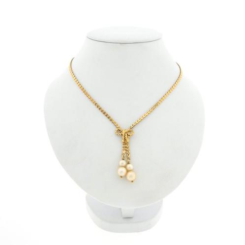 Gouden fantasie schakel ketting met vaste hanger; parel |..., Handtassen en Accessoires, Kettingen, Overige kleuren, Gebruikt