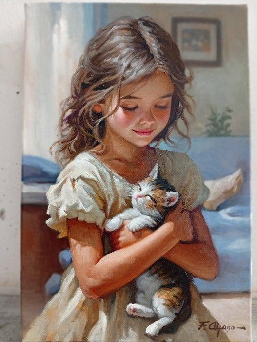 Francesco Alfano (1959) - Gattino, Antiquités & Art, Art | Peinture | Classique