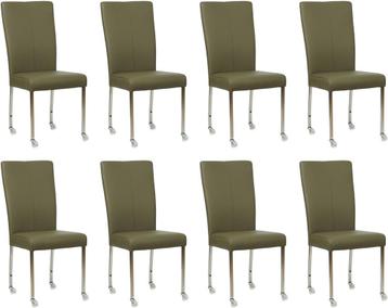 Set van 8 Olijfgroene leren moderne eetkamerstoelen - poot, Ophalen of Verzenden