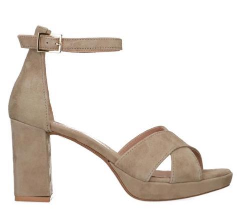 Manfield - Dames - Beige suède sandalen met hak - Maat 39, Kleding | Dames, Schoenen, Nieuw, Verzenden