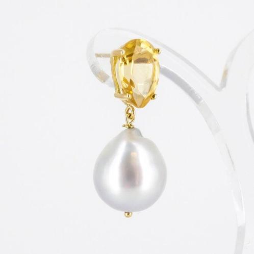 Oorbellen - 18 karaat Geel goud Parel - Citrien - South Sea, Handtassen en Accessoires, Oorbellen