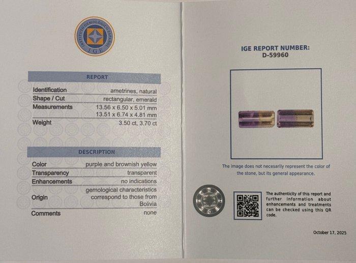 2 pcs Paars, Geel Ametrien - 7.20 ct - Instituto Gemólogico, Handtassen en Accessoires, Edelstenen
