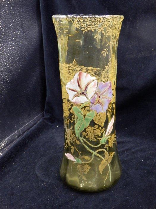 Large Beautiful Vase with Flowers with relief painting green, Antiek en Kunst, Antiek | Glaswerk en Kristal