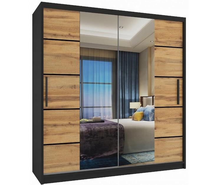 Kledingkast zwart eiken 158 cm breed met spiegel en 2 lad..., Huis en Inrichting, Kasten | Kleerkasten, 50 tot 75 cm, Met lade(s)