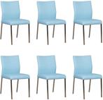 Set van 6 Lichtblauwe leren moderne eetkamerstoelen - poot, Huis en Inrichting, Stoelen, Overige kleuren, Nieuw, Leer, Ophalen of Verzenden