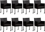 Set van 8 Zwarte leren moderne kuipstoel - poot rond zwart, Nieuw, Vijf, Zes of meer stoelen, Modern, Leer