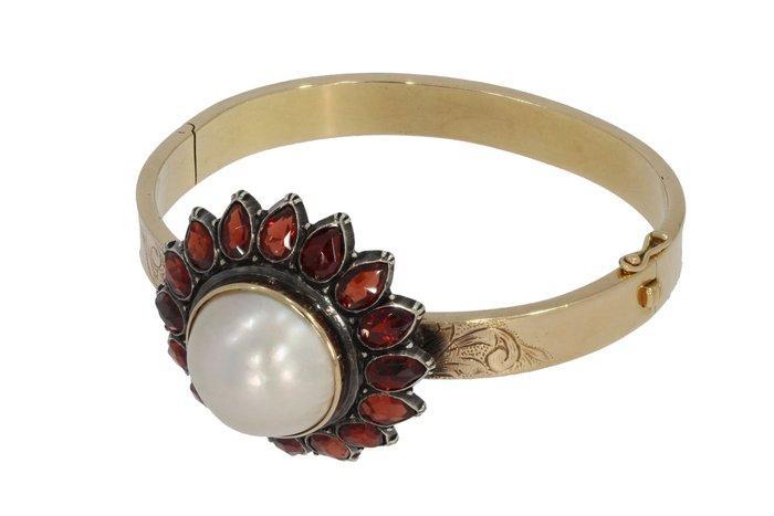 Armband - 14 karaat Geel goud Parel - Granaat -, Handtassen en Accessoires, Armbanden
