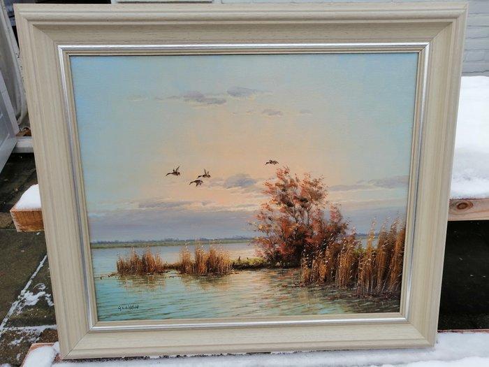 Gien vd Velde (1944) - Eenden over Hollandse waterplas, Antiek en Kunst, Kunst | Schilderijen | Klassiek