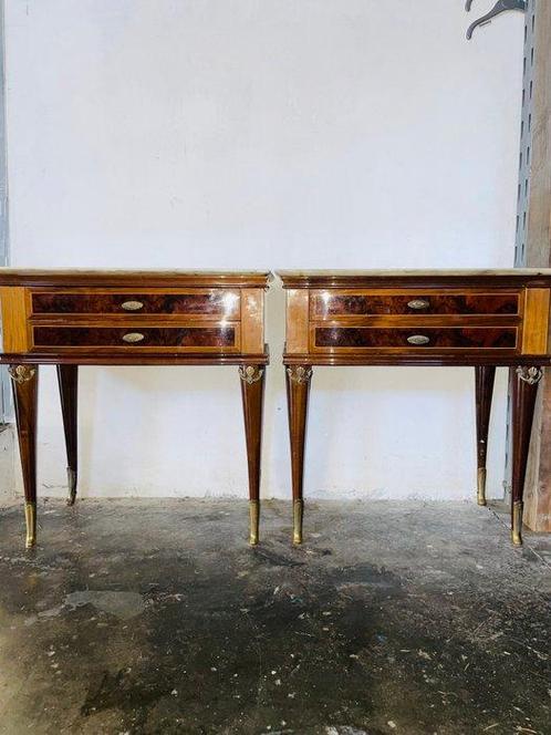 Nachtkastje - Brons, Glas, Hout - Paar vintage nachtkastjes, Antiek en Kunst, Curiosa en Brocante