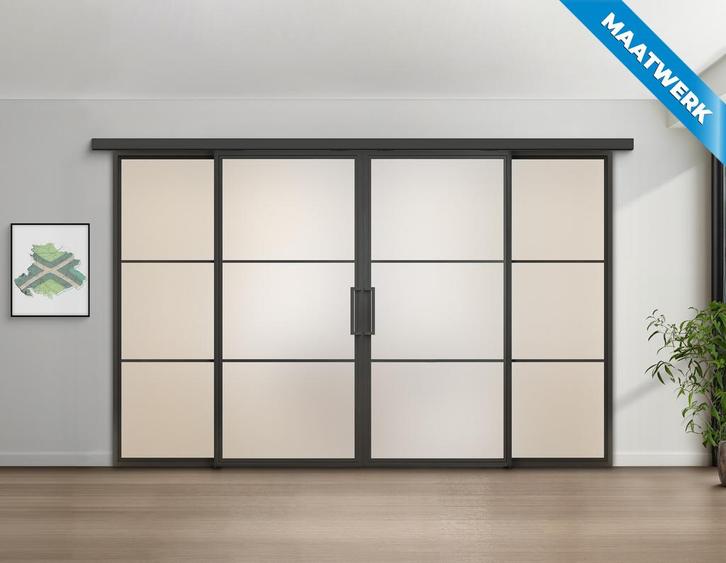 Dubbele stalen Schuifdeuren met koofsysteem en glaspanelen 3, Doe-het-zelf en Bouw, Raamkozijnen en Schuifdeuren, Nieuw, Inclusief glas