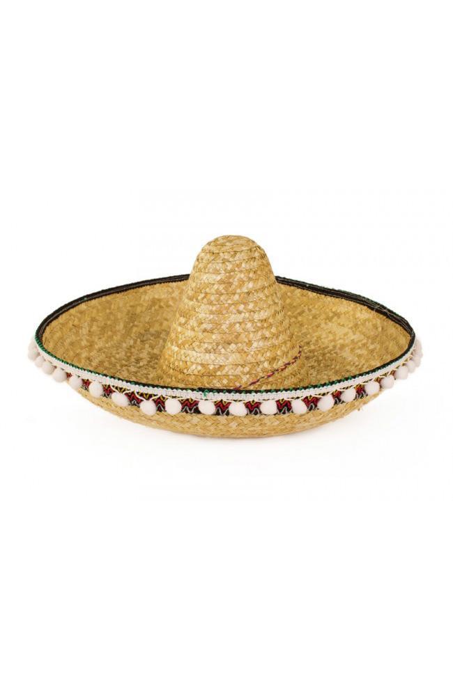Sombrero Bruin Wit Balletjes Mexico Mariachi Gevlochten Riet, Kleding | Heren, Carnavalskleding en Feestkleding, Nieuw, Ophalen of Verzenden