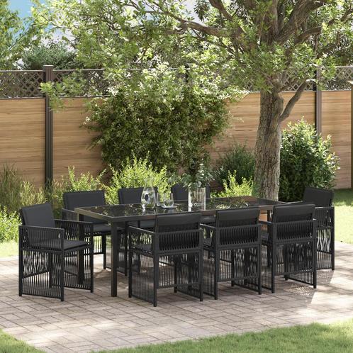 vidaXL Tuin Eetset van 9 Stukken met Kussens - Zwart Poly, Tuin en Terras, Tuintafels, Nieuw, Verzenden