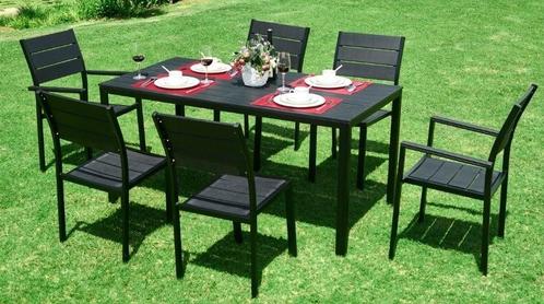 Zwarte design tuintafel – Kunststof met houtlook – Gesch, Tuin en Terras, Tuintafels, Rechthoekig, Nieuw, Metaal, Ophalen of Verzenden