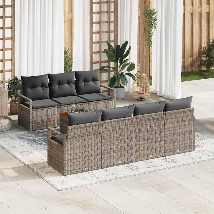 vidaXL Tuinbank Set met kussen 8 pcs Grijs Poly rattan, Tuin en Terras, Tuinsets en Loungesets, Nieuw, Verzenden