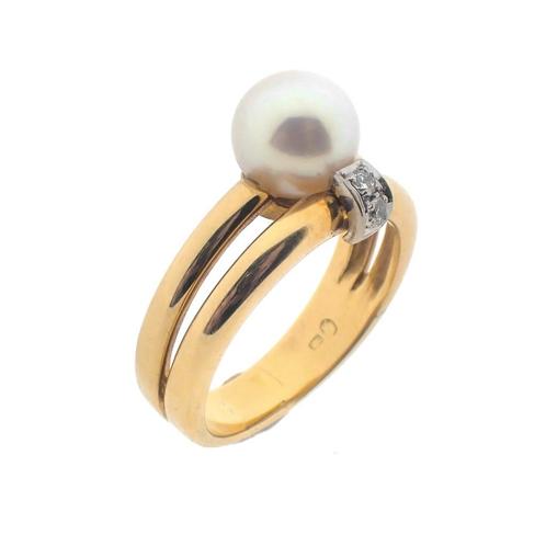 18 Krt. Gouden ring met grote parel en diamanten | 0,035 ct., Handtassen en Accessoires, Ringen, Dame, Met edelsteen, Overige kleuren