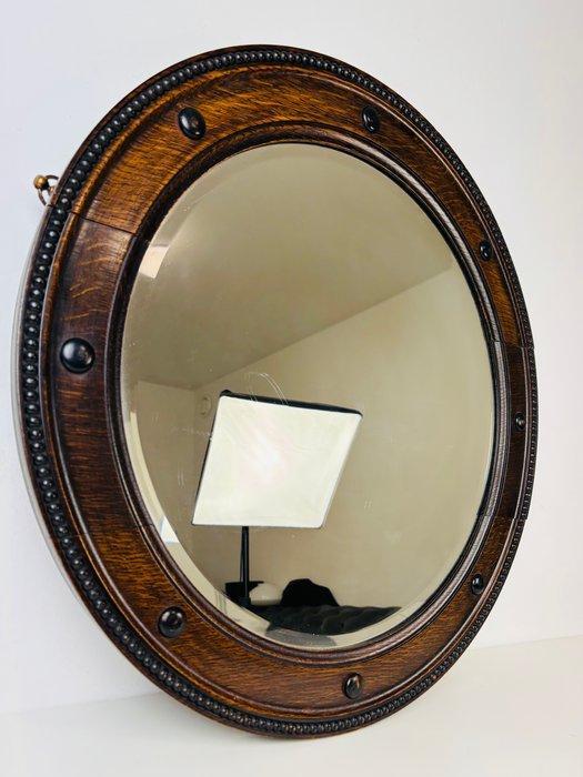 Spiegel- Antieke convex bullseye spiegel met houten beaded, Antiek en Kunst, Curiosa en Brocante