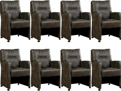 Set van 8 Donkergrijze leren landelijke eetkamerfauteuils -, Huis en Inrichting, Stoelen, Overige kleuren, Vijf, Zes of meer stoelen