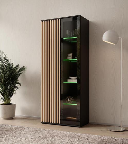 Meubella | Vitrinekast zwart glazen opbergkast met LED, Huis en Inrichting, Kasten | Vitrinekasten, 25 tot 50 cm, Nieuw, 50 tot 100 cm