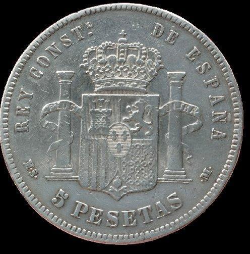 Spanje. Alfonso XII. 5 Pesetas 1885 *1887 MSM. (Zonder, Postzegels en Munten, Munten | Europa | Niet-Euromunten
