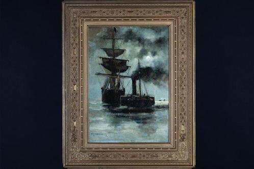 Arvid Johanson (1862-1923) - Maritieme Nocturne (NO RESERVE), Antiek en Kunst, Kunst | Schilderijen | Klassiek
