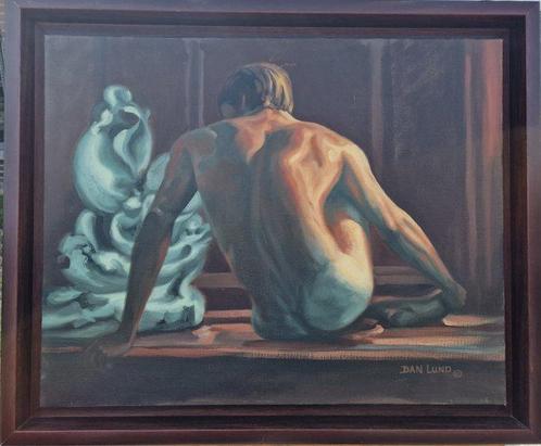 Dan Lund (XX) - Mannelijk ruggelings naakt, Antiek en Kunst, Kunst | Schilderijen | Modern