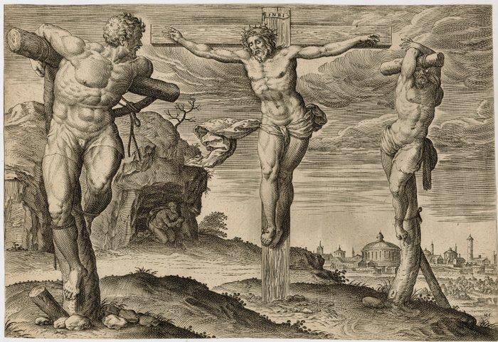 Jan Collaert I (c. 1525–1580) - Christ on the cross between, Antiek en Kunst, Antiek | Overige Antiek