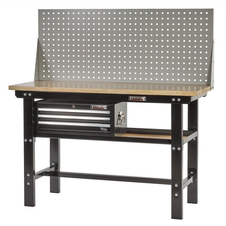 Werkbank zwart 150 cm met hardhouten blad + gereedschapskist, Doe-het-zelf en Bouw, Werkbanken, Ophalen of Verzenden