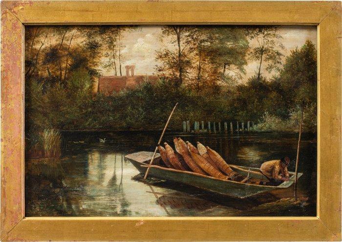 English school (XIX) - River landscape with boat., Antiek en Kunst, Kunst | Schilderijen | Klassiek