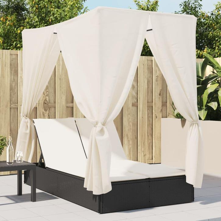 vidaXL Ligbed tweepersoons met dak en gordijn poly rattan, Tuin en Terras, Ligbedden, Nieuw, Verzenden