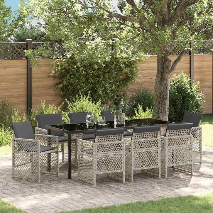 vidaXL Tuin Eettafel Set 9 pcs Lichtgrijs poly rattan, Tuin en Terras, Tuinsets en Loungesets, Nieuw, Verzenden