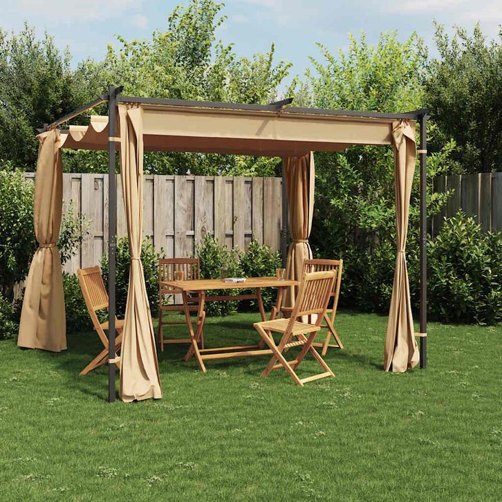 vidaXL Prieel met gordijnen 3x3 m staal taupe, Tuin en Terras, Partytenten, Nieuw, Verzenden