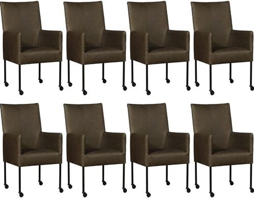 Set van 8 Groene leren moderne eetkamerstoelen - poot rond, Huis en Inrichting, Stoelen, Nieuw, Vijf, Zes of meer stoelen, Leer