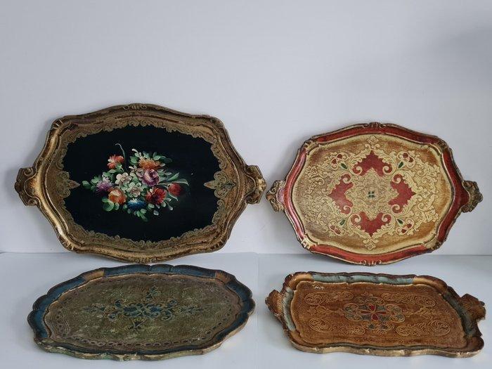 Dienblad - 4 mooie Florentijnse dienbladen - Hout, Antiek en Kunst, Curiosa en Brocante