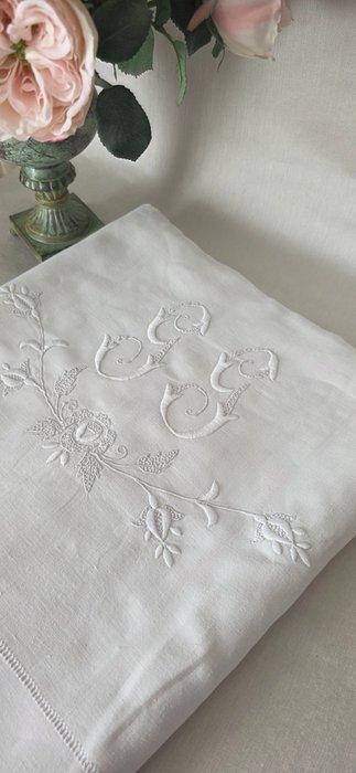 Broderie - 300 cm - 212 cm - Drap ancien monogrammé, Antiek en Kunst, Antiek | Tapijten, Tafelkleden en Textiel