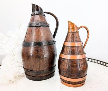 2 anciens Pichets à cidre/vin en bois et laiton - Pichet à