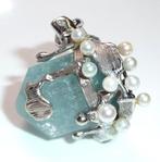 Ring - 14 karaat Witgoud - 40.00ct. tw. Aquamarijn - Parel -, Handtassen en Accessoires, Nieuw